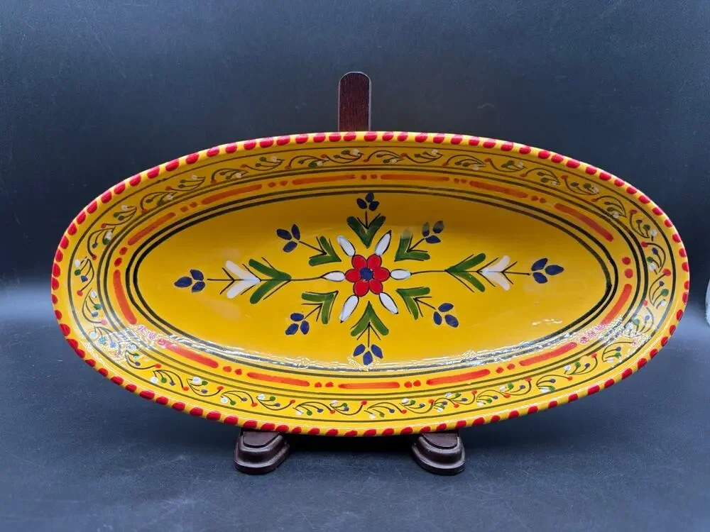 Le Souk Tunisia Hand Painted Yellow Oval Serving Platter Floral Pottery 12”
